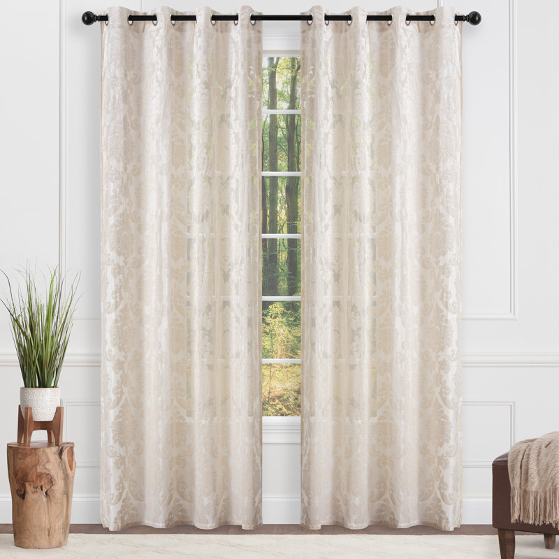Branca Polyester Damask Semi Sheer Grommet Curtain Panel Set, 52" W x 96" L, Cream