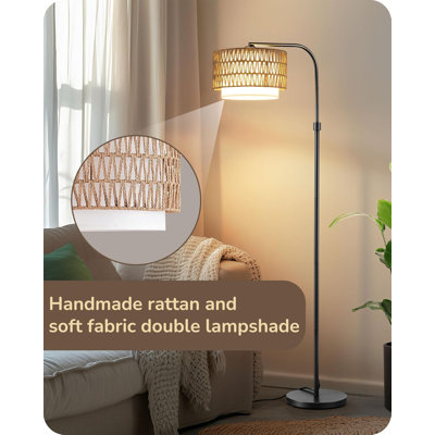 Boho Floor Lamp With Handmade Rattan Shade, Dimmable LED Bulb, Remote & Footswitch, 5 Color Temps