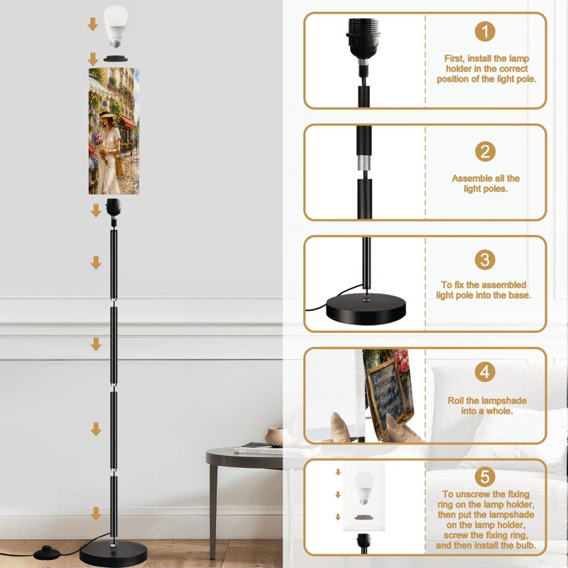 Lampe sur pied au marché aux fleurs de Paris Tour Eiffel avec affichage floral éclatant, lampe sur pied moderne à intensité variable avec télécommande, interrupteur au pied, ampoule, abat-jour, lampe de coin pour le salon, la chambre et le bureau
