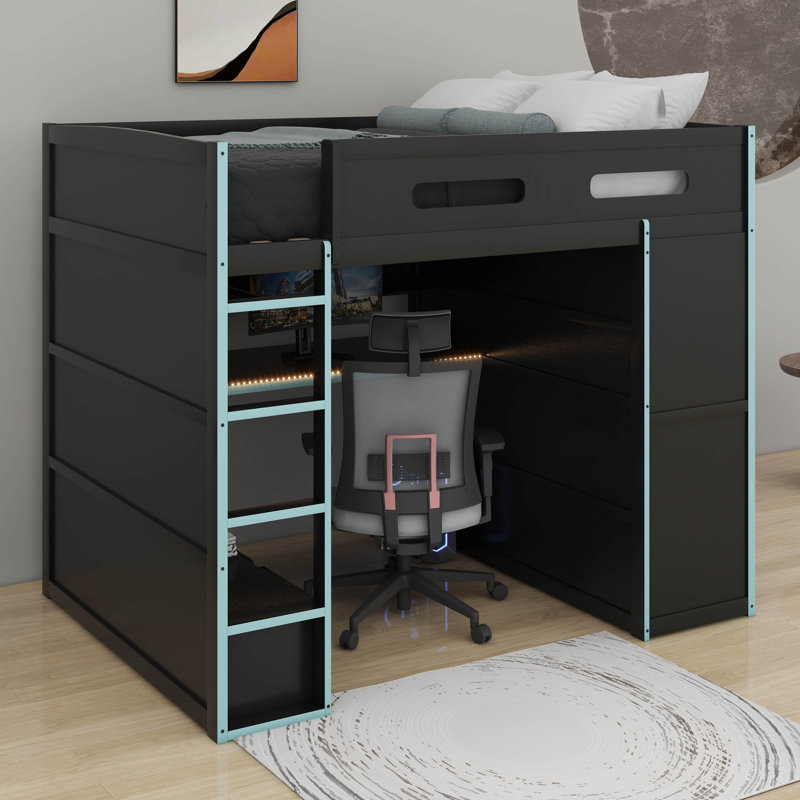 Lit mezzanine double en bois avec bureau, garde-robe et lumière DEL, Bleu nuage