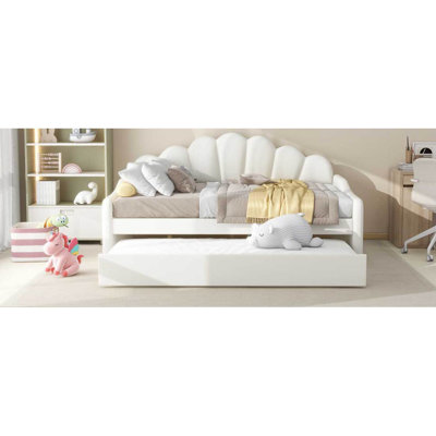 Full Size Upholstery Daybed Frame With Shall Shaped Backrest  And Trundle,White
