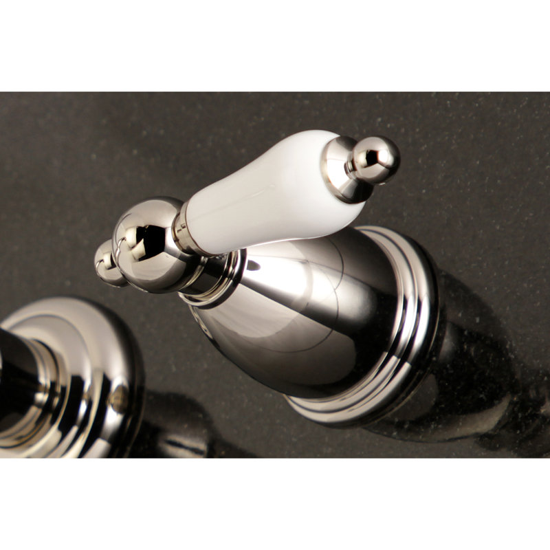 Robinet de salle de bain mural 3 trous Kingston Brass English Country, Nickel poli / blanc