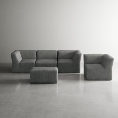 Berlare 5 - Piece Upholstered Compression Gray Corduroy Modular Sectional Sofa Set with Removable Ottoman – Fully Compressed, No Assembly Required