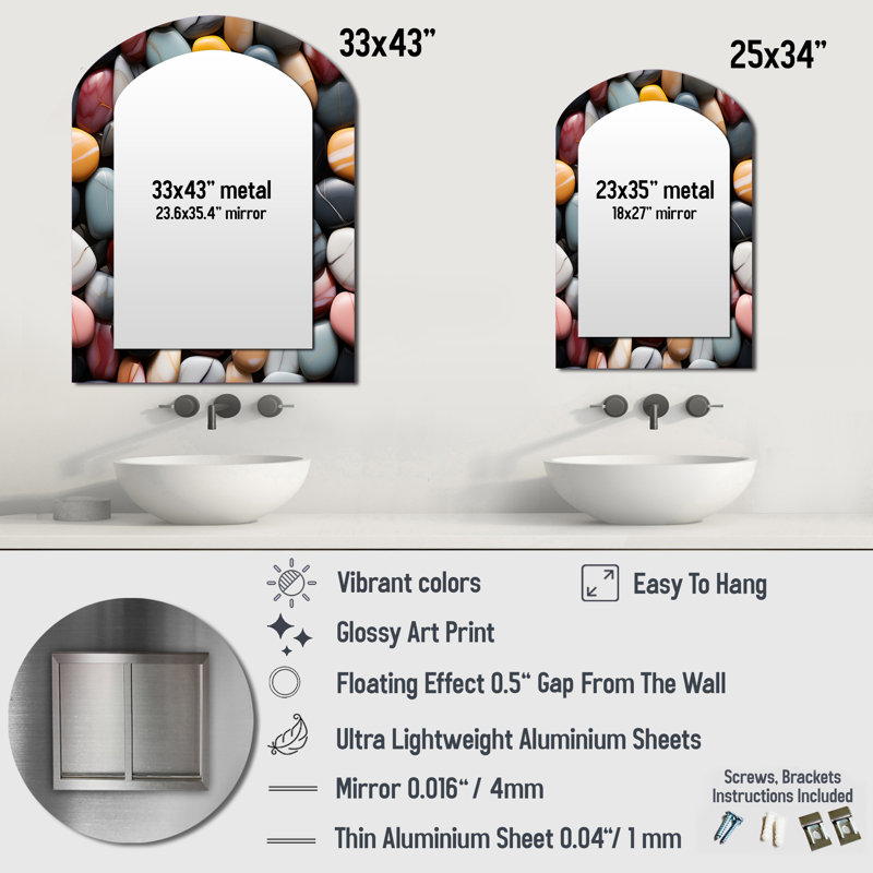 Timeless Meditation Stone Pattern - Marble Asymmetrical Decorative Wall Mirror, Modern Arch Mirror, Printed Metal Art