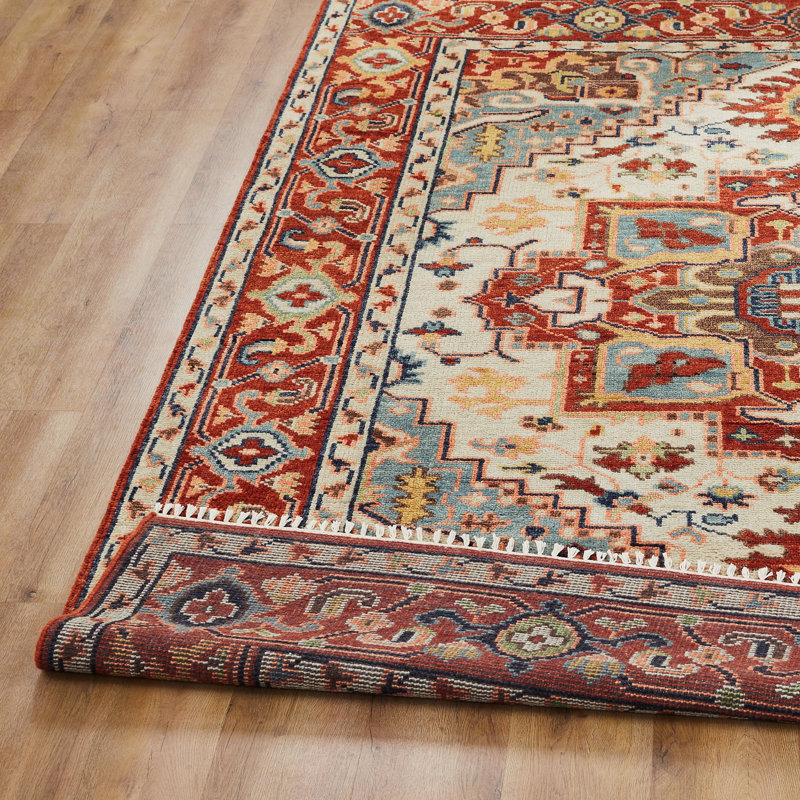 Serapi Heritage Hand-Knotted Wool Medallion Area Rug in Red, Rectangle 9' x 12', Ivory/Red