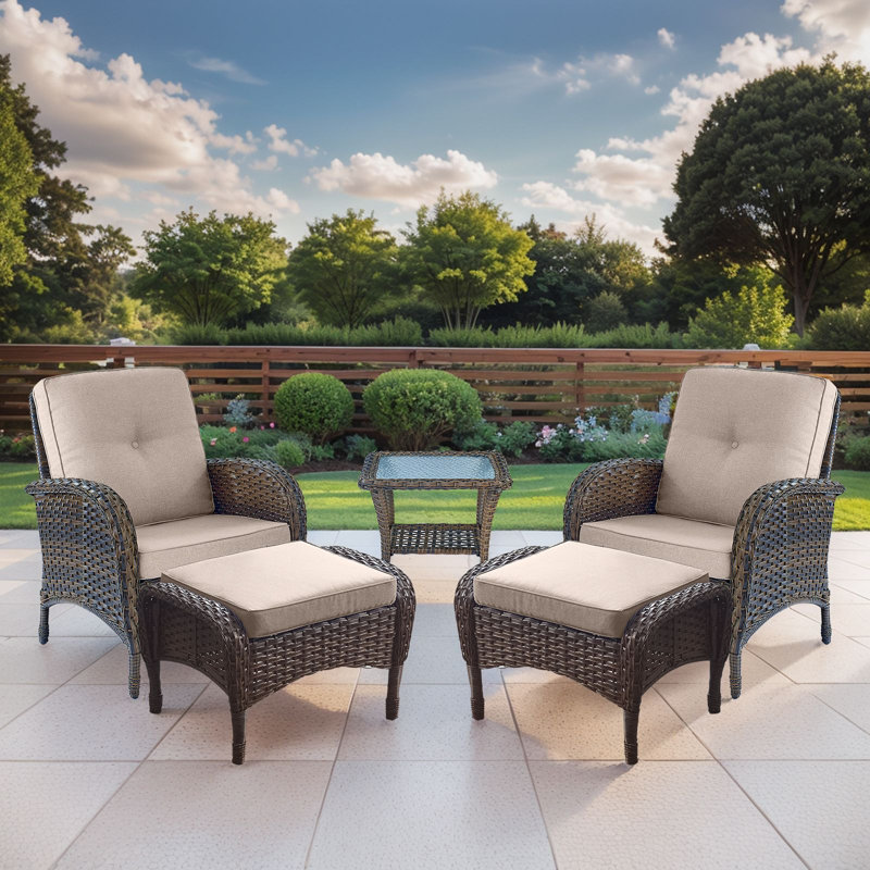 Valierius 5-Piece Outdoor Wicker Patio Chair Ottoman Set, Rattan Coversation Set With Water Resistant Cushions, Beige