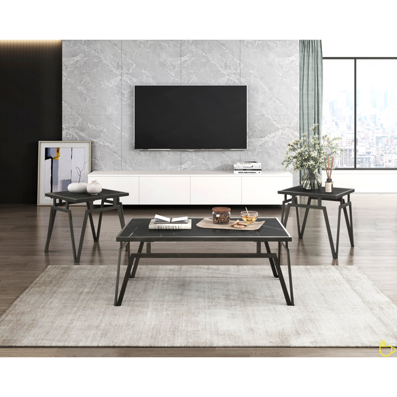 Ensemble de table d'appoint 3 pièces et 2 tables de bout avec plateau en pierre frittée noire