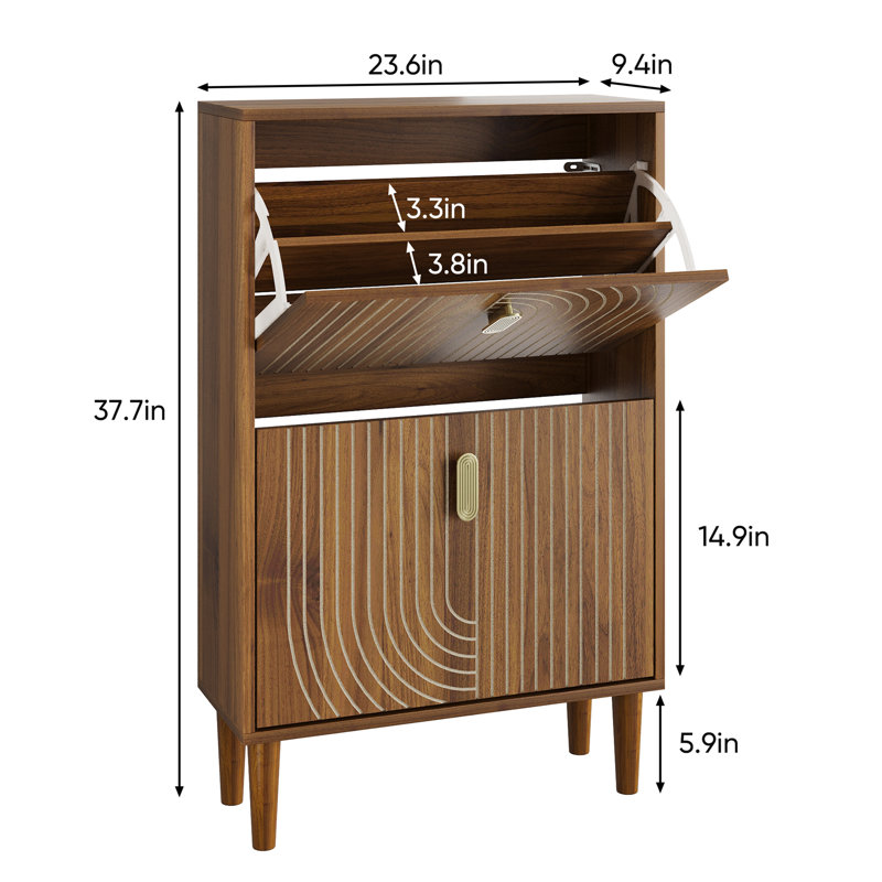 Shoe Storage Cabinet With 2 Flip Drawers,Free Standing Shoe  Cabinet With Metal Handles For Entryway,Shoe Rack Cabinet With Line Groove Design,23.6"W
