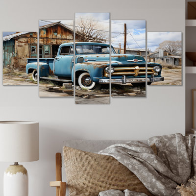 «Blue Pickup Truck Roadside Nostalgia», impression sur toile transport - 5 panneaux
