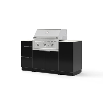 Ensemble d'armoires d'extérieur gris ardoise en aluminium 6 pièces avec 1 porte, 3 tiroirs, armoire de barbecue, gril au gaz propane liquide 33 po et dessus blanc Dekton 16 po