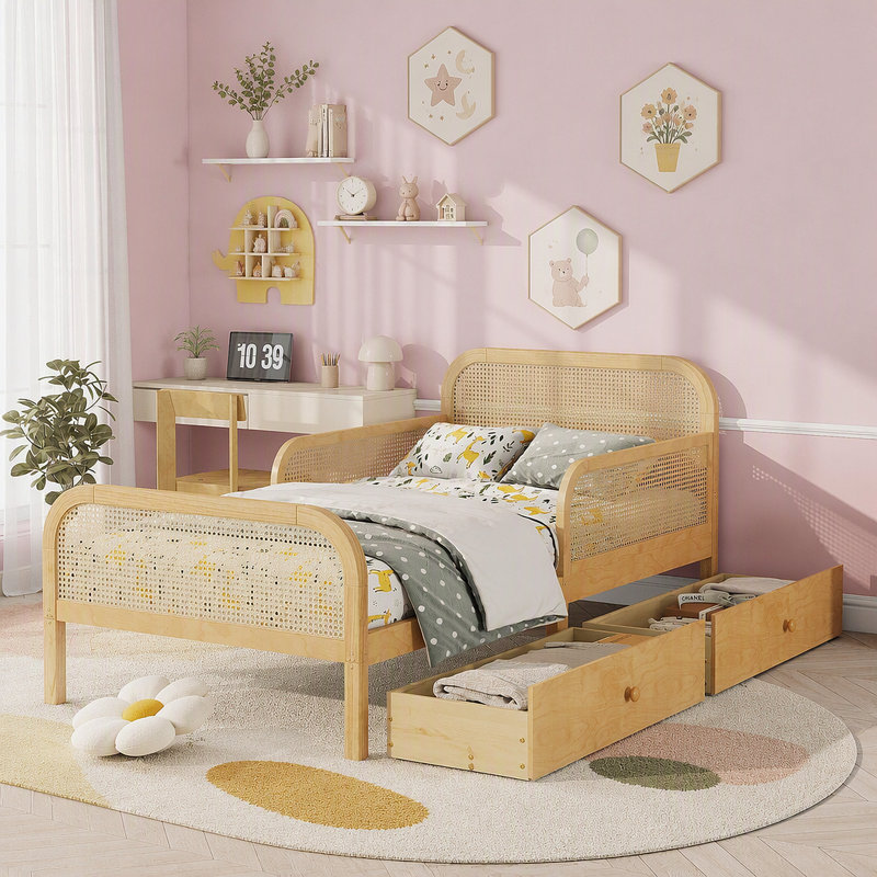 Structure de lit plateforme simple avec 2 tiroirs de rangement, lit en rotin pour enfants avec tête et pied de lit, blanc