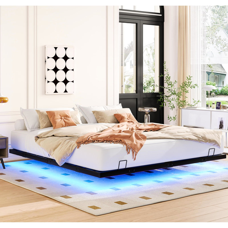 King Size Metal Platform Bed Frame - Led Lights, 74.81 In Product Width, Solid Floating With Lights Metal, Space Design