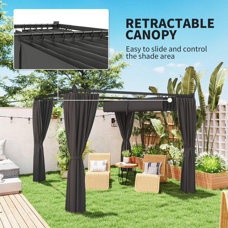Outsunny 3 x 3(m) Pergola w/ Retractable Roof Canopy Curtains Charcoal, Charcoal Grey