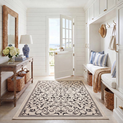 Tapis intérieur / extérieur à motif floral sable / noir Arneshia