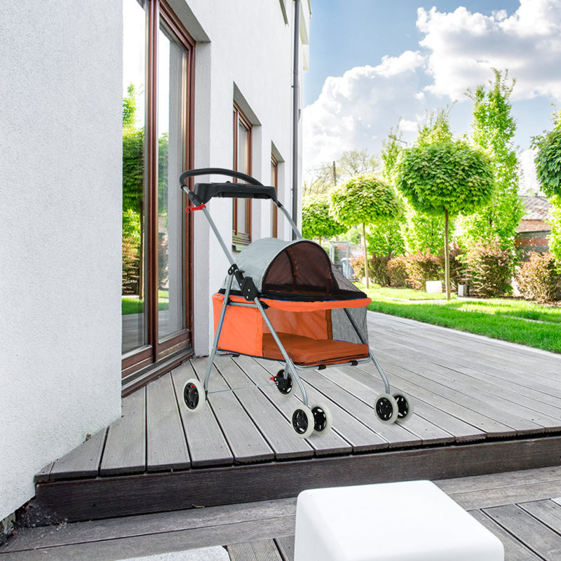 Orange Alloy Steel Foldable Pet Stroller with Mesh Windows