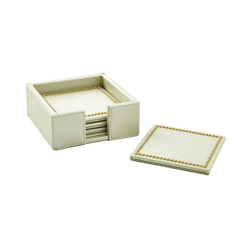 Shagreen Coaster Set in Holder with Crystals, Set of 4, Ivory