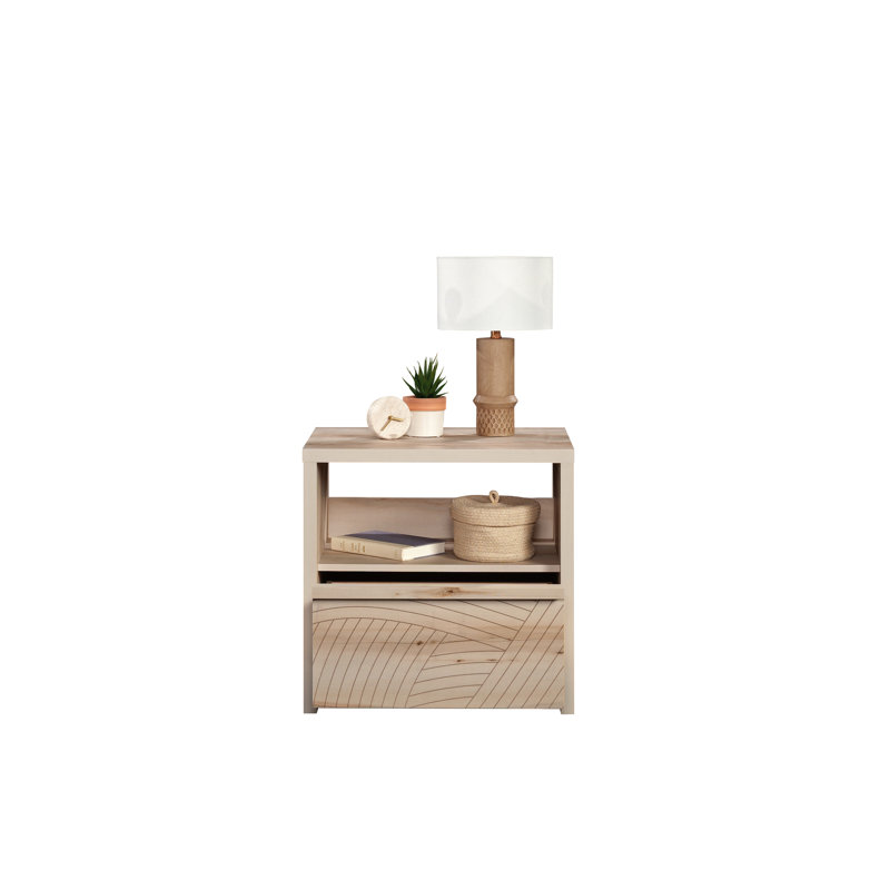 Table de chevet à finition brune, motif à vagues, glissières à tiroir lisse, configuration simple pour le support de chambre à coucher au design moderne Mid-Century, grand tiroir, décoration de tablette ouverte