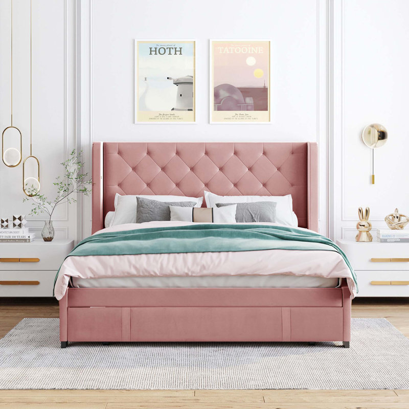 Queen Size Velvet Upholstered Storage Bed with Wingback Headboard and Large Drawer, Combining Style and Functionality for Modern Bedrooms.