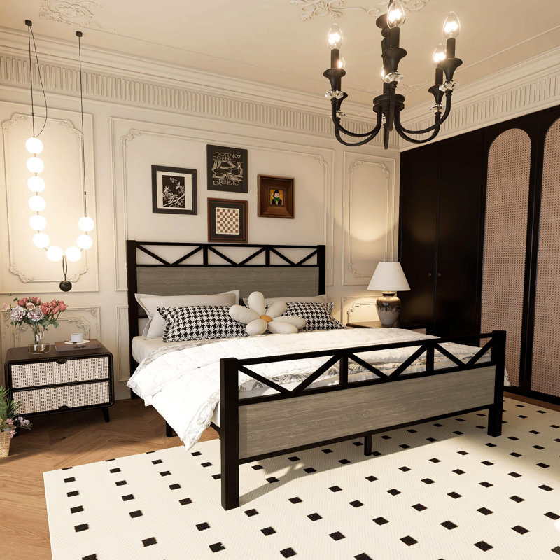 Full Size Bed Frame with Easy Assembly, Rustic Wood Headboard, and Sturdy Metal Slats for Durability and Style