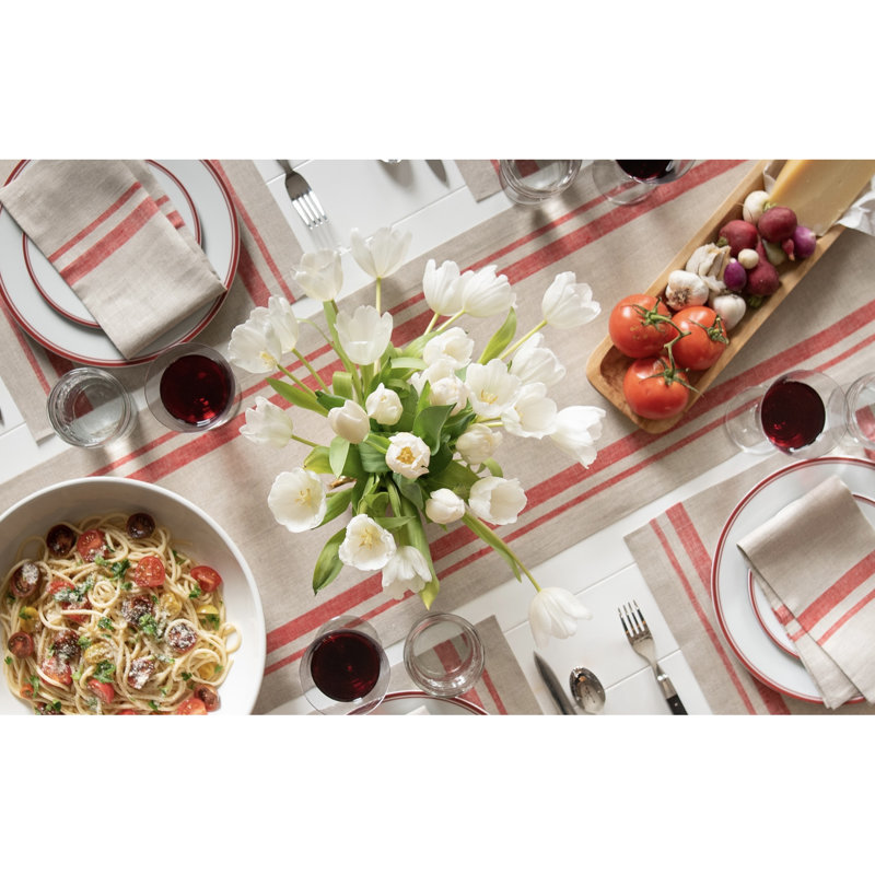 French Stripe - 100% Pure Linen Table Runner, 90" x 14", Red/White