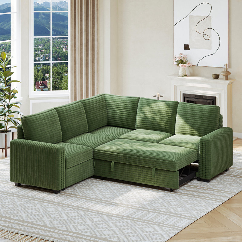 88 "corduroy L-shaped Sofa With Storage Can Be Converted Into A Sofa Bed, Green Corduroy