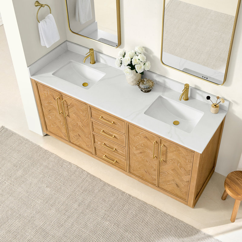 Carrasco 72" Double Bath Vanity in Oak Natural Brown with Silk White Quartz Stone Top, Brushed Gold, Oak Natural Brown