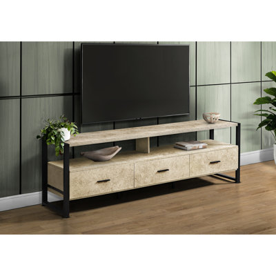 Meuble audio-vidéo 72 po, meuble télé moderne avec stratifié couleur pierre et métal noir. 2 tablettes de rangement ouvertes, 3 tiroirs. Fabrication, facile à entretenir, assemblage illustré