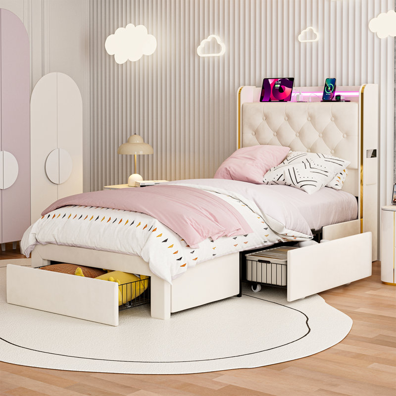 49.2" Tall Twin Xl Bed Frames With Storage Drawers, Velvet Upholstered Platform Bed With Wingback Storage Headboard, Led Lights & Charging Station, No Box Spring Needed, Noise Free, Beige