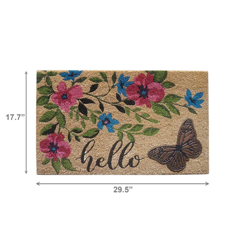 Coir Mat With Rubber Accent Hello With Butterfly Accent