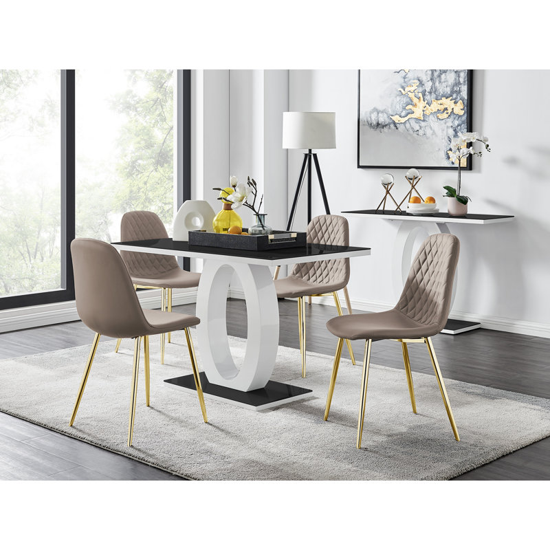 Scottsmoor Modern High Gloss Halo 6 Seater Dining Table Set with Luxury Faux Leather Dining Chairs, Cappuccino/Gold