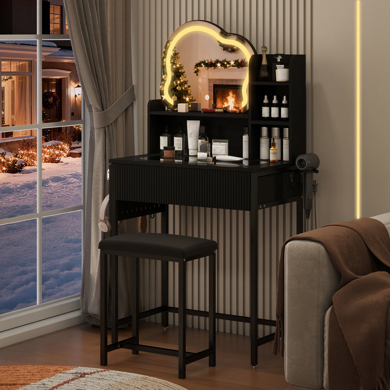Deogilde Dressing Table with Cloud Shape Mirror, LED Lighted Makeup Vanity Desk with 5 Hooks, Black