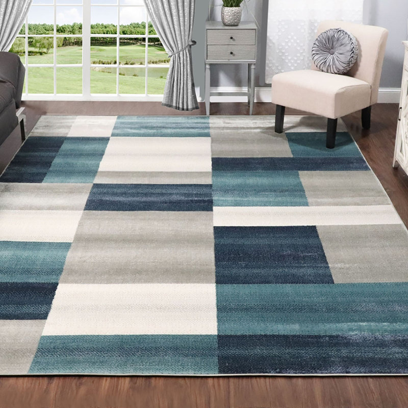Tapis bleu sarcelle et gris tissé à la machine 5 pi x 8 pi Patchwork