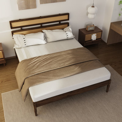 Dual Rattan-woven Headboard Queen Bed - Dark Walnut Finish & Bohemian Aesthetic For Global-inspired Bedrooms