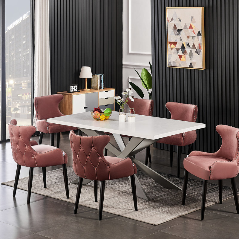 Ricky 6 Person Dining set - a Rectangular Wooden Dining Table with Metal Legs and a Set of 6 Quilted Velvet Dining Chairs for Dining Room - Modern Dining Table Set