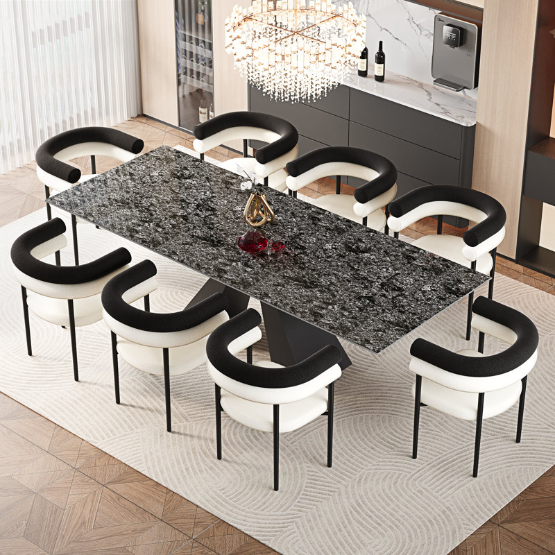 110.24'' Extendable Dining Table Set With Faux Marble Sintered Stone Top & 8 Boucle Fabric Upholstered Dining Chairs