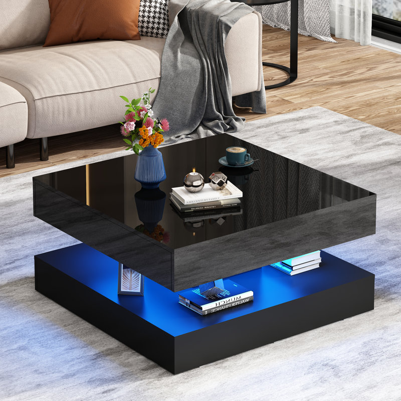 33.9" LED Coffee Table with Storage, Modern High Glossy Living Room Table with 2 Drawers, Double-Layer Design Large Square Center Table