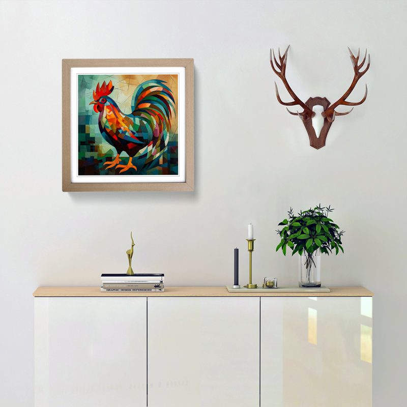 Rooster Cubism - Single Picture Frame Print on Wood, Oak