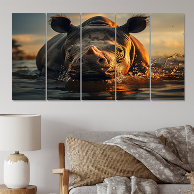 Photographie de faune sauvage dans l'eau dans un rhinocéros - Décoration murale animaux - 3 panneaux égaux