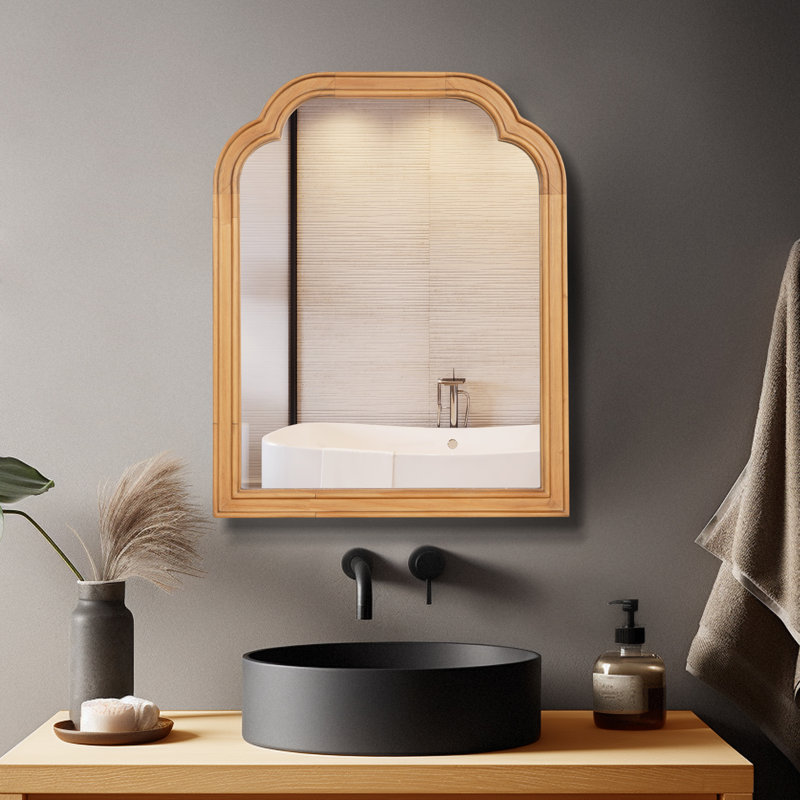 Ancalin Solid Wood Arched Wall Mirror, Natural Wood, 20" x 16"