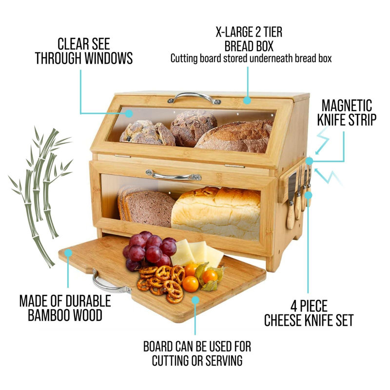 Breadbox With Cutting Board And Knife Set | 7 Piece Combo Set | Bread Boxes For Kitchen Counter | Bread Storage Container |Bamboo Bread Box Plain