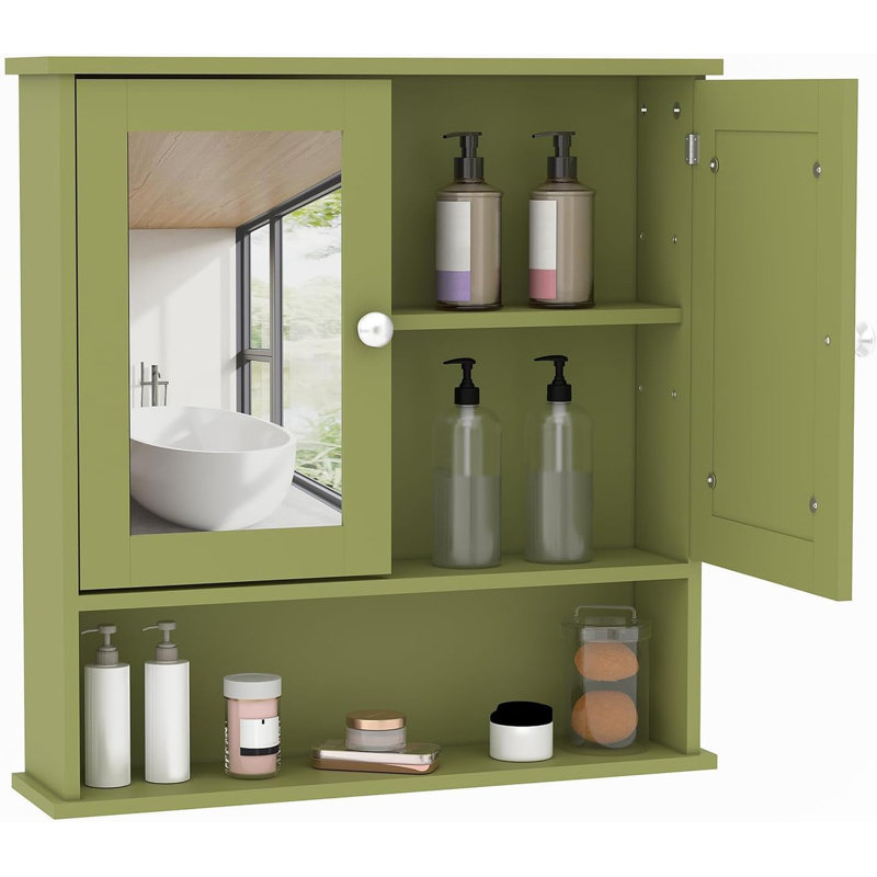22.2" Wall Mount Mirror Medicine Cabinet, Waterproof Oak Cabinet with Adjustable Shelf for Bathroom, Green