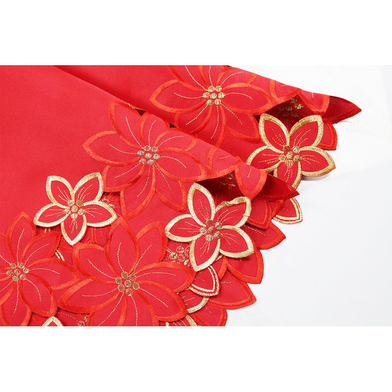 Embroidered Red and Gold Poinsettia 68" Round Christmas Tree Skirt