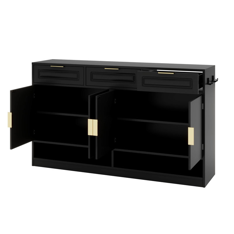 Farmhouse Style Sideboard Buffet With 3 Drawers & 4 Doors, Adjustable Shelf & Open Display Compartments, Black