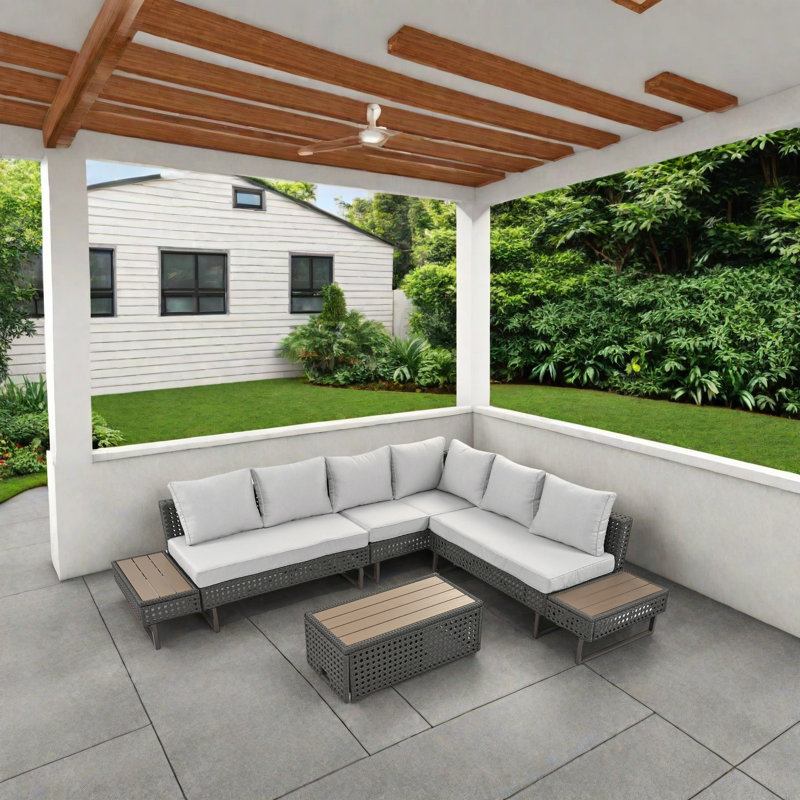 Outdoor Patio Sofa Set With Adjustable Reclining Backrest, Extendable Coffee Table With Ice Bucket, And Plush Cushions Weather-Resistant Wicker Sectional Sofa For Garden