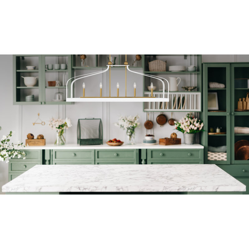 Kenmore 5 - Light Kitchen Island Rectangle Chandelier in White/Gold, White/Gold