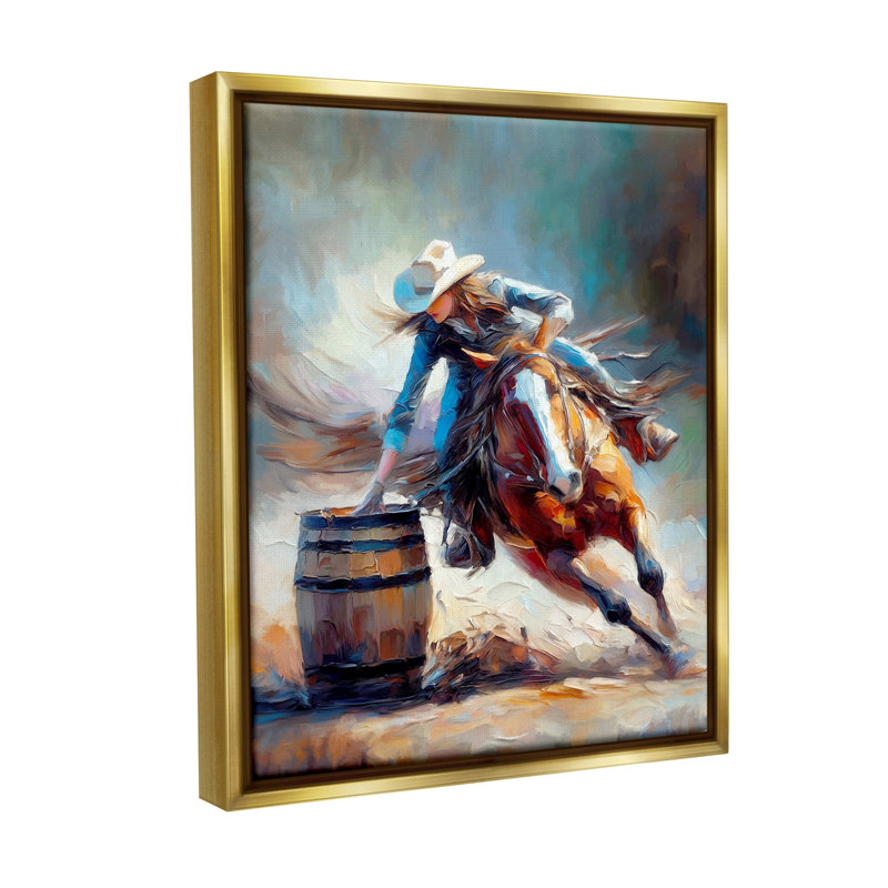«Racing Rodeo Cowgirl Floater Frame» par Ramona Murdock sur, H 21 po x l 17 po, Cadre flottant métallique doré