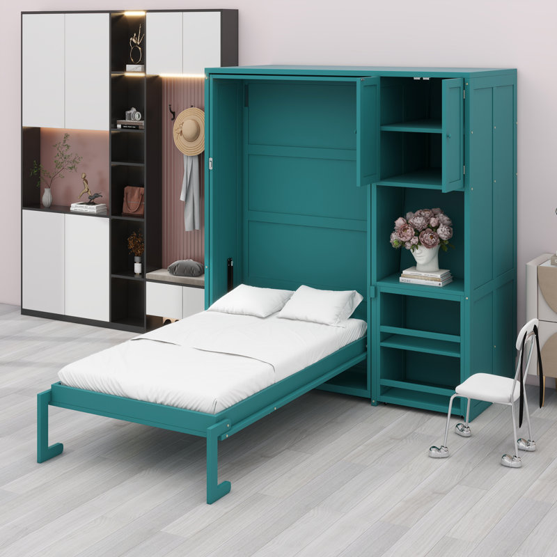 Lit escamotable pivotant à 360 ° avec bibliothèque intégrée, bureau pliable et solution de rangement murale compacte et compacte