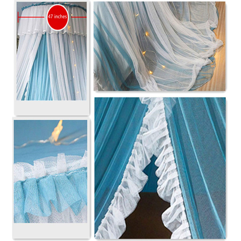 Blue and White Double Layer Princess Bed Canopy with LED Lights