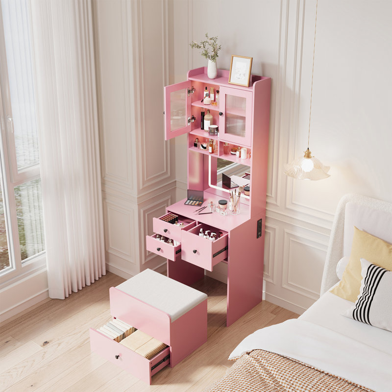 Compact Vanity, Make Up Vanity Desk with Mirror and Lights, Vanity Table Set with Charger Station, Pink