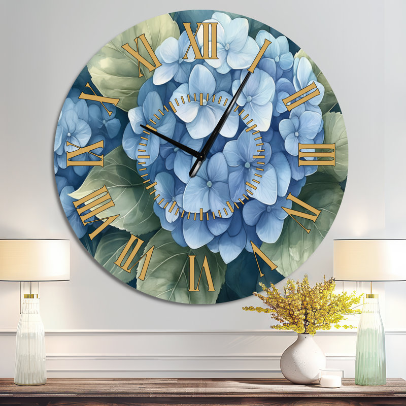 Horloge murale surdimensionnée en métal à motif floral Blue Hydrangea Close - Horloge murale florale à fleurs, Surdimensionné